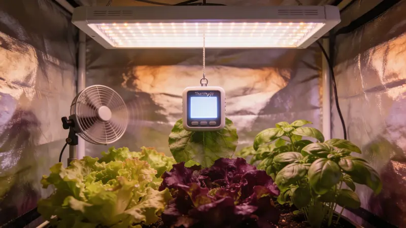 Thermo-hygromètre suspendu à hauteur des feuilles dans une tente de culture, avec un petit ventilateur