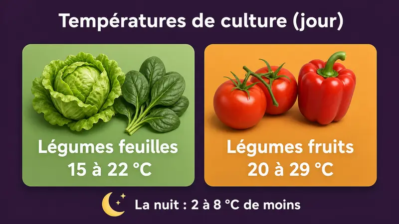 Températures de jour : 15 à 22 °C pour les légumes feuilles, 20 à 29 °C pour les légumes fruits, 2 à 8 °C de moins la nuit