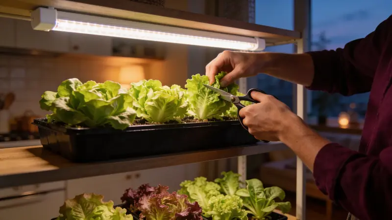 Récolte de feuilles de laitue aux ciseaux, sur une étagère éclairée par une réglette LED