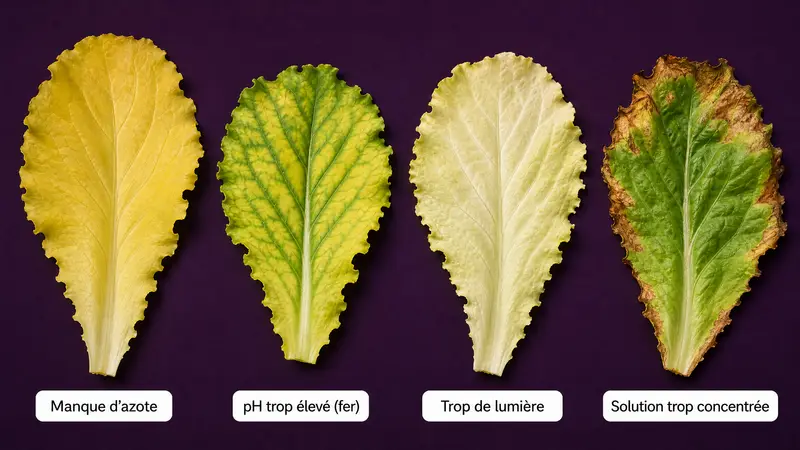 Quatre feuilles de salade : jaunissement uniforme (manque d'azote), jaunissement entre les nervures (pH trop élevé), feuille décolorée (trop de lumière), bords brûlés (solution trop concentrée)