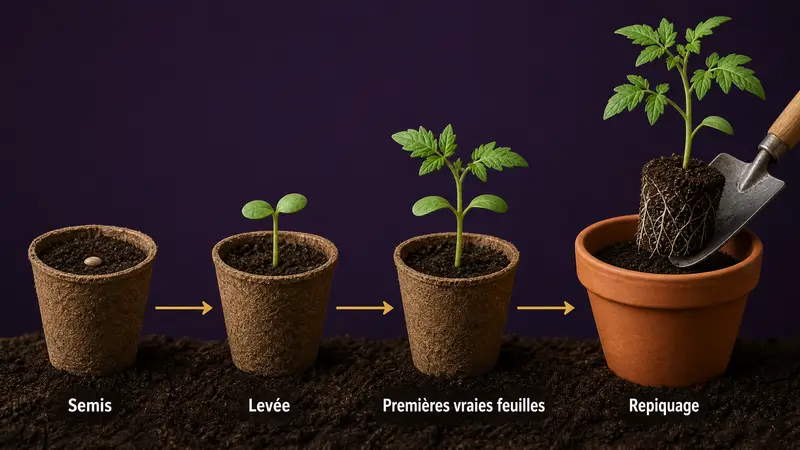 Étapes d'un plant de tomate : semis, levée, premières vraies feuilles, puis repiquage dans un pot plus grand