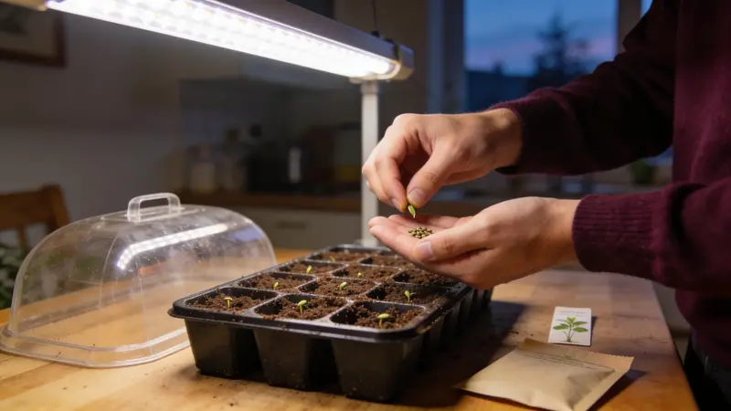 Semis de petites graines dans une plaque alvéolée, avec un couvercle transparent posé à côté