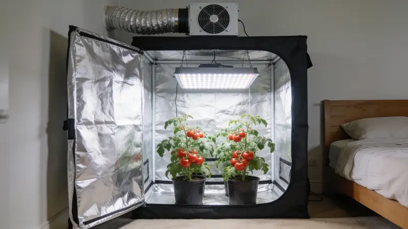 Tente de culture de 80 × 80 cm ouverte dans une chambre d'amis, avec un panneau LED suspendu, un extracteur en haut et des pots de tomates cerises