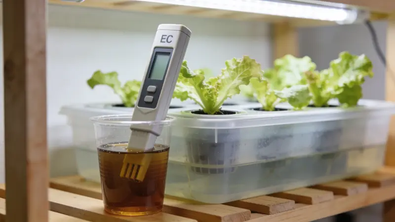 Testeur d'EC électronique plongé dans un gobelet de solution nutritive, à côté d'un bac hydroponique de laitues