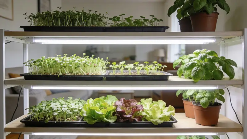 Étagère de culture à trois niveaux sous LED avec des plateaux de micro-pousses, des jeunes pousses de salade et des pots de basilic