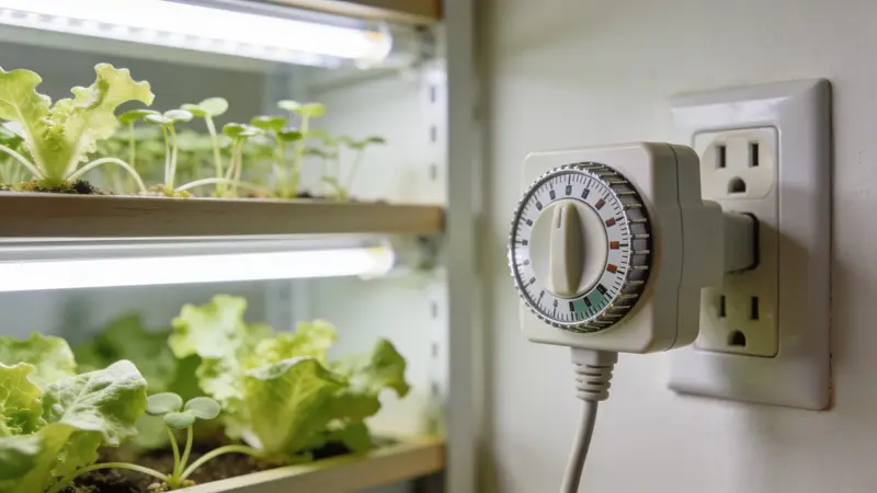Prise programmable mécanique à segments branchée en hauteur sur une multiprise murale, à côté d'une étagère de salades sous réglettes LED