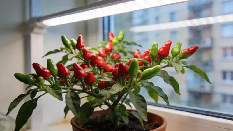 Plant de piment en pot couvert de petits piments rouges et verts sous une lampe LED blanche, près d'une fenêtre d'appartement