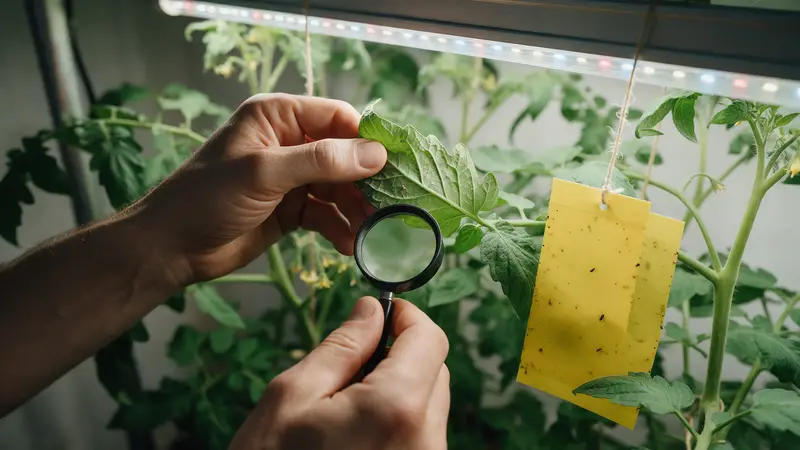 Inspection du revers d'une feuille de tomate à la loupe, piège jaune englué à côté