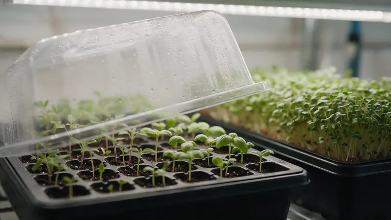 Plateau de semis sous couvercle et micro-pousses sous éclairage LED