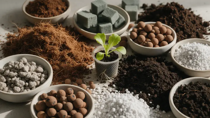 Fibre de coco, laine de roche, billes d'argile, perlite et terreau, avec un plant de laitue en panier